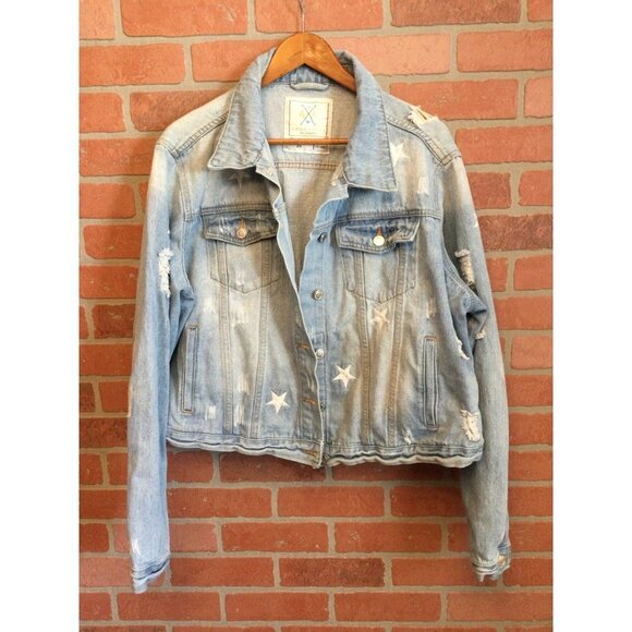 Women's Denim Jean Trucker Jacket Embroidered Stars Distressed Size 2X Angel Kis - Picture 1 of 7